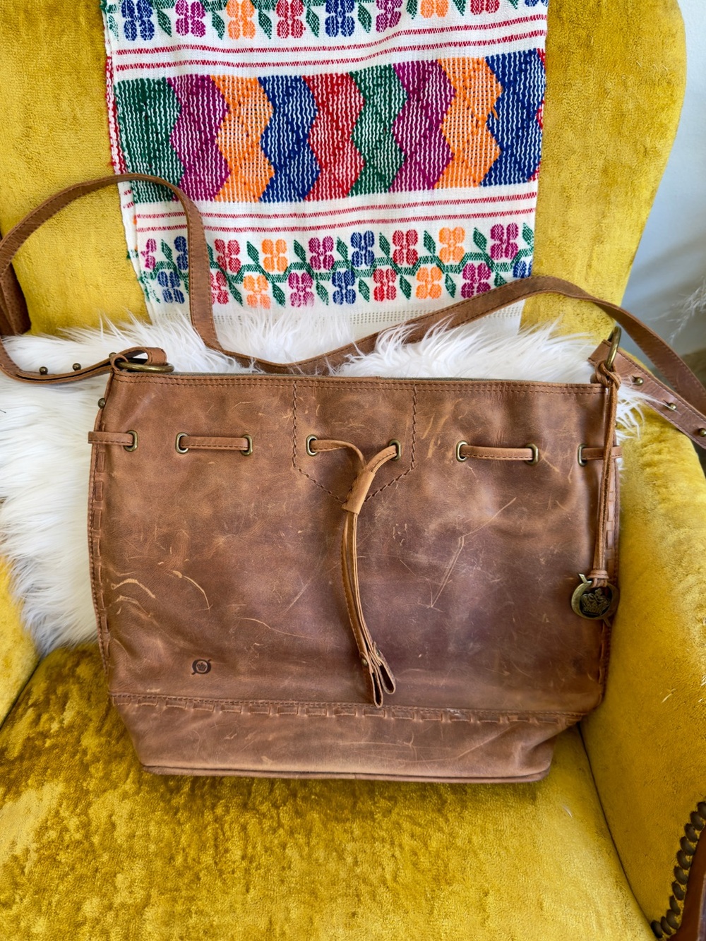 Distressed Brown Leather Crossbody Messenger Bag